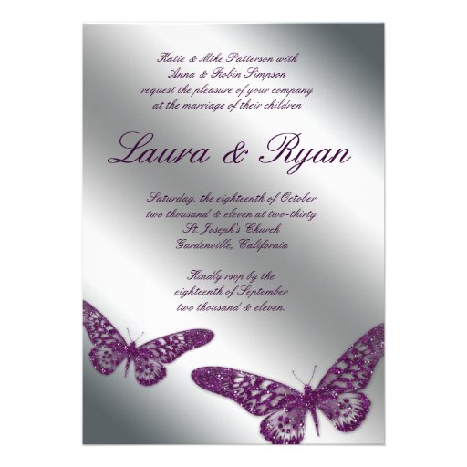 Butterfly Wedding Invite Sparkle Purple Silver