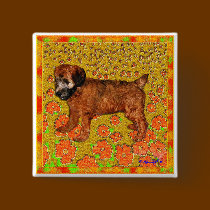Button: Puppy in Garden - Orange