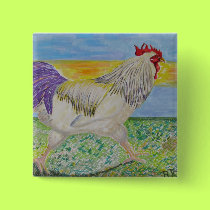 Button - Rooster/Chicken Art - On The Run by sunfluer Button - Rooster/Chicken Art - On The Run