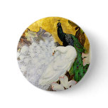 Button: White and Blue Peacocks