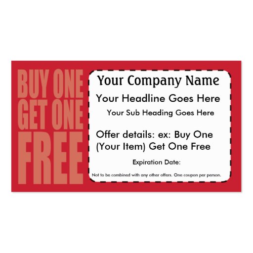 Buy 1 Get 1 Free Coupon Card Business Cards (front side)