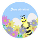 round_sticker - Buzzy Bee Save the date Stickers By KCavender Cute Summer/Spring Save the date stickers, with an adorably cute Bee, surrounded by lots of colorful flowers.