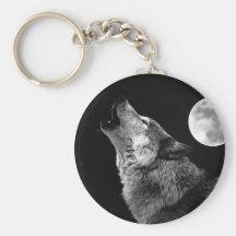 BW Wolf Howling at Moon Key Chains