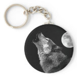 BW Wolf Howling at Moon Key Chains