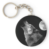 BW Wolf Howling at Moon Key Chains