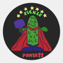 BZ- Pickle Power Superhero Pickleball Cartoon Round Stickers