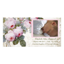 Cabbage Rose Birth Announcement - Baby Girl Customized Photo Card
