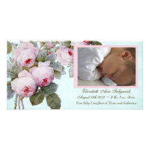 Cabbage Rose Birth Announcement - Baby Girl Picture Card