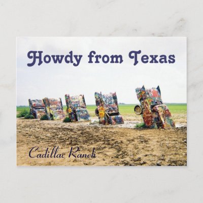 Cadillac Ranch Postcard features the classic Cadillacs buried nose down near