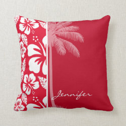 Cadmium Red Tropical Hibiscus; Palm Throw Pillows