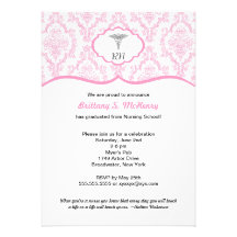 Caduceus Damask pink Nursing school graduation RN Cards