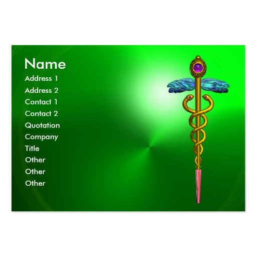 CADUCEUS, EMERALD GREEN vibrant gold amethyst pink Business Cards (front side)