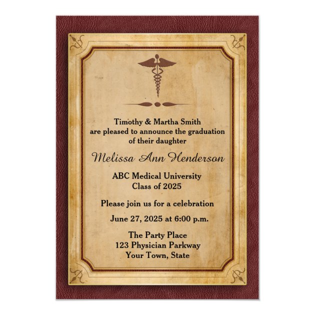 Caduceus, Parchment, Medical Graduate Annoucement 5x7 Paper Invitation Card