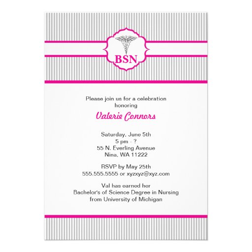 Caduceus RN BSN LPN Graduation Hot Pink Gray Personalized Announcements