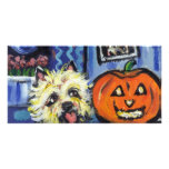 Cairn Terrier investigates glowing pumpkin Customized Photo Card