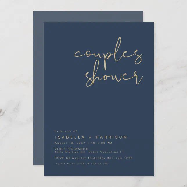 Caitlin Modern Navy Blue And Gold Couples Shower Invitation Zazzle