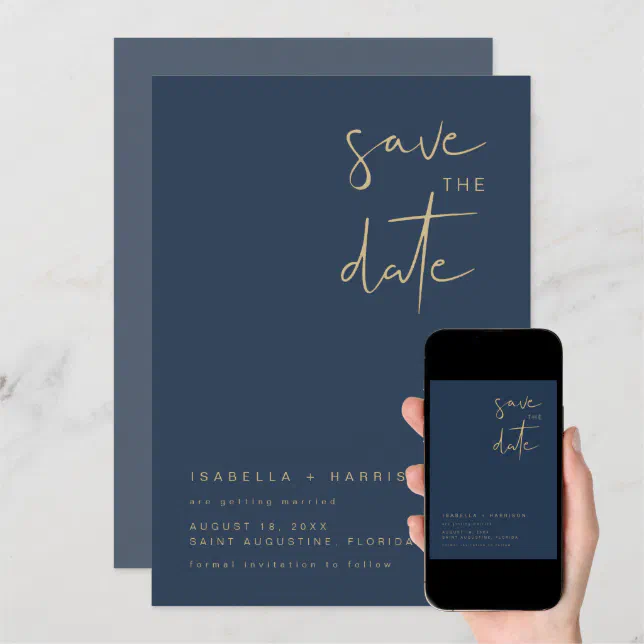 Caitlin Navy And Gold Modern Save The Date Invitation Zazzle