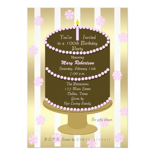 Cake 100th Birthday Party Invitation in Pink