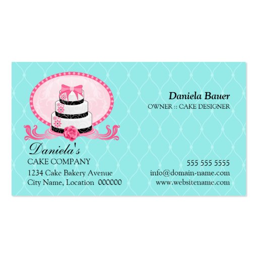 Cake Bakery Damask Aqua Pink Business Cards (back side)