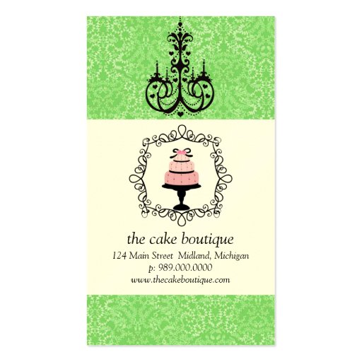 Cake Boutique Fancy Green Damask Business Cards