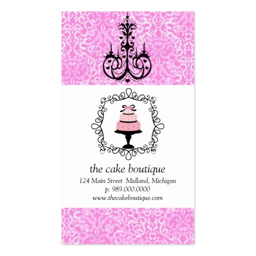 Cake Boutique Fancy Pink Damask Business Cards (front side)