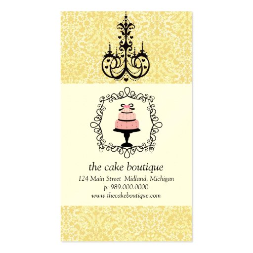 Cake Boutique Fancy Yellow Damask Business Cards (front side)