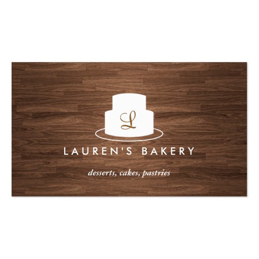 Cake Monogram Logo in White on Brown Woodgrain Business Card Templates (front side)