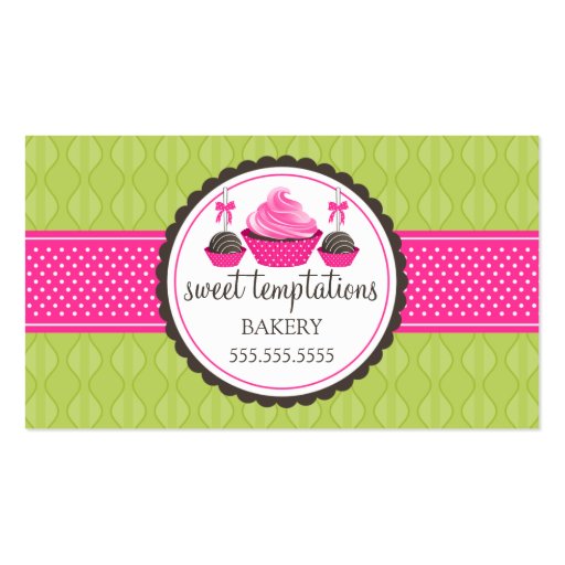 Cake Pops and Cupcake Green Pink Business Cards (front side)
