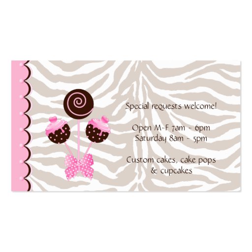 Cake Pops Business Card Bakery Pink Brown Zebra (back side)