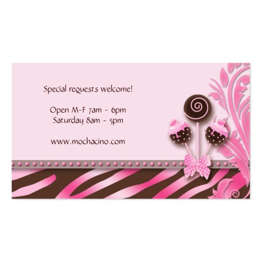 Cake Pops Business Card Bakery Pink Brown Zebra (back side)