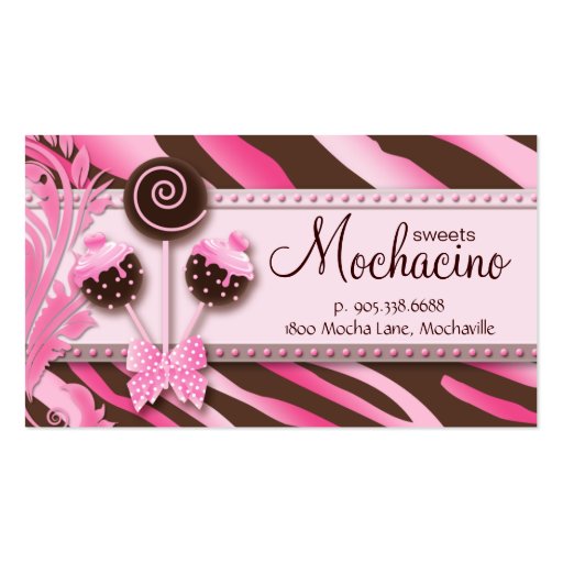 Cake Pops Business Card Bakery Pink Brown Zebra (front side)