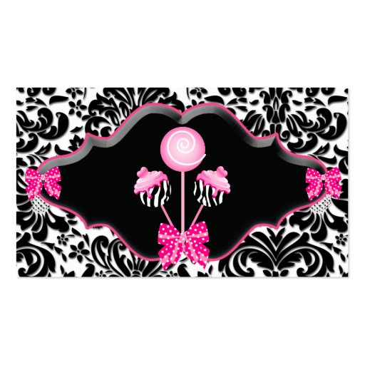 Cake Pops Business Card Pink Damask Zebra (front side)
