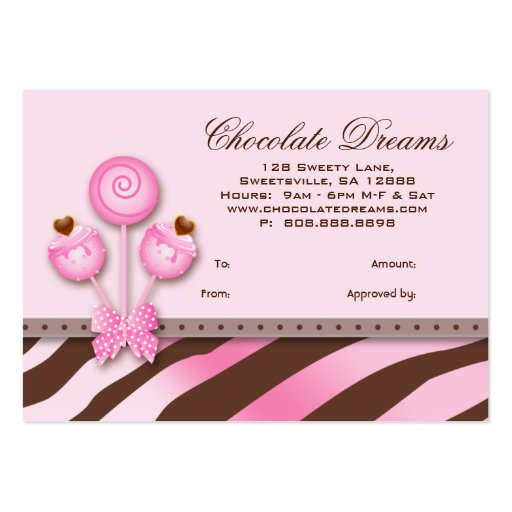 Cake Pops Gift Certificate Zebra Pink Brown Retro Business Card (back side)
