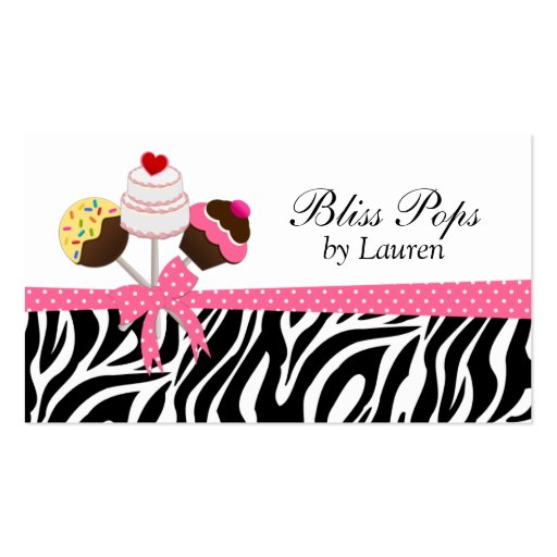 Cake Pops Zebra Stripes Ribbon Bakery Business Card Template (front side)