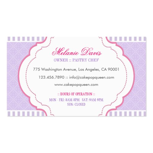 Cakepop Queen Bakery Lavender and Fuchsia Business Card (back side)