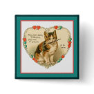 square_button - Adorable Calico Victorian kitten with heart border and paintbrush. Small heart accents in teal green and coral.: Sizes 