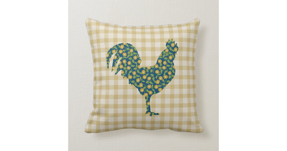 Calico Rooster Gingham Pattern Blue Yellow Green Throw Pillow Zazzle