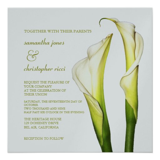 Calla lillies + swirls text, wedding Invitations