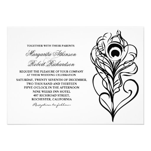 calligraphic peacock feather wedding invitations