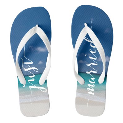 Calligraphy Beach Just Married Wedding Flip Flops