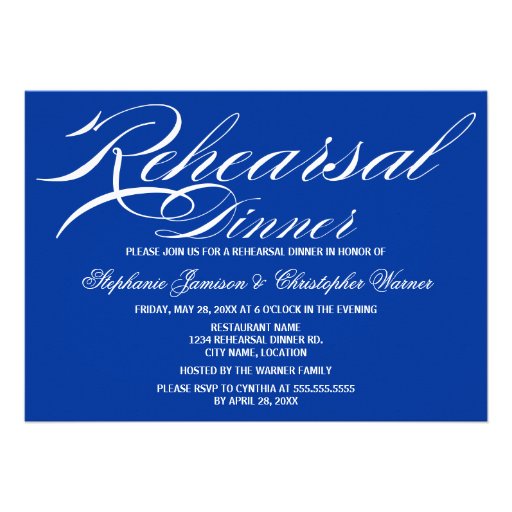 Calligraphy Elegance Royal Blue Rehearsal Dinner Invite