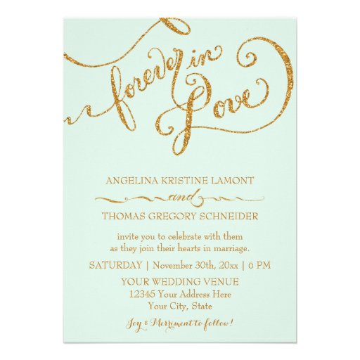 Calligraphy Mint Script Forever Love Gold Glitter Announcement