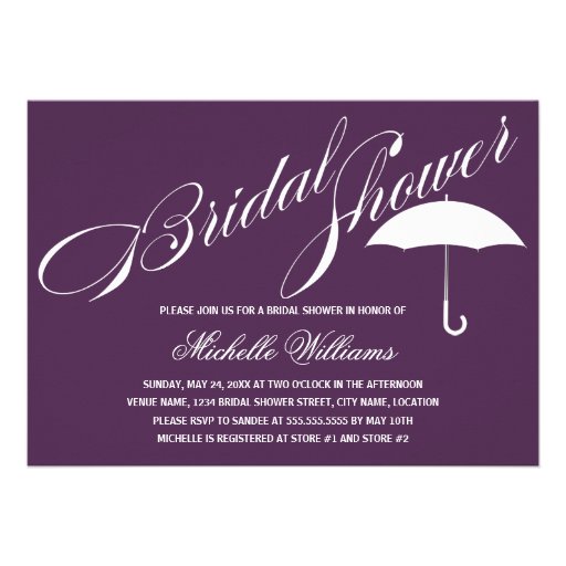 Calligraphy Umbrella Purple Bridal Shower Invite