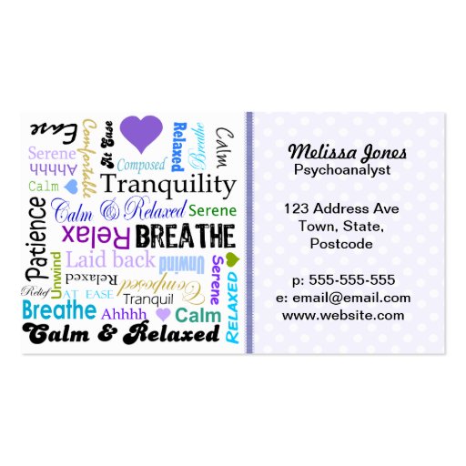 Calm and Relaxing positive words typography Business Cards (front side)
