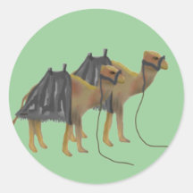 Camels in the desert round stickers