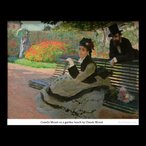 Camille Monet on a garden bench by Claude Monet Posters