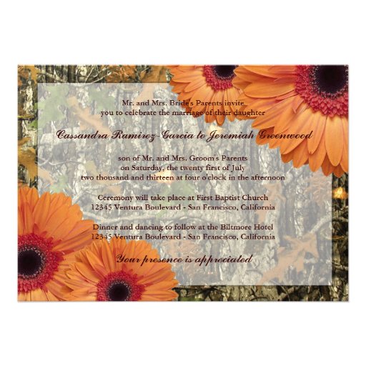 Camo and Orange Daises Wedding Invitation