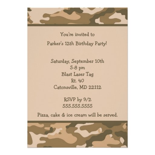 Camo Army Brown Birthday party invitation