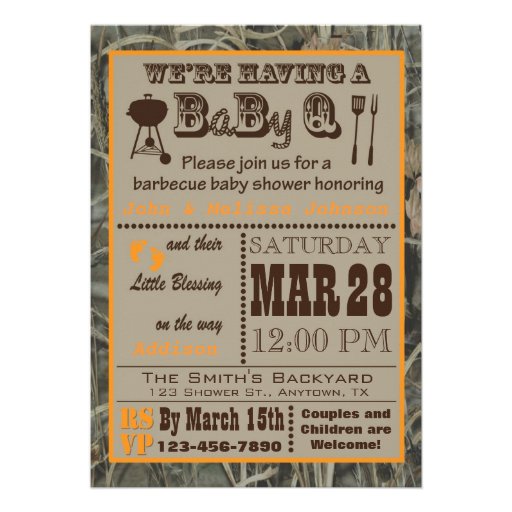 Camo Barbecue BabyQ Baby Shower Custom Announcement (front side)