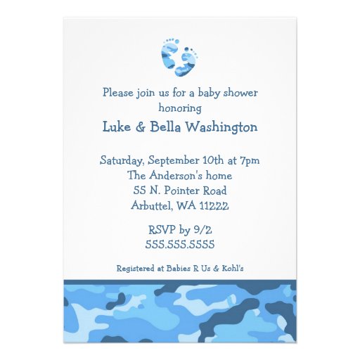 Camo Blue Baby Feet Shower Invitation (front side)